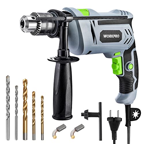 WORKPRO Schlagbohrmaschine 850W, Bohrmaschine 3000RPM, 2 in 1 Hammer und Bohrer mit 360° Drehgriff, 13mm Bohrfutter, inkl. 3 Spiralbohrer und 2 Betonbohrer von WORKPRO