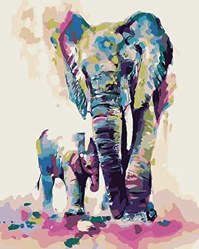 DIY Malen nach Zahlen für Erwachsene Kinder Mädchen, Wowdecor Wald Elefant Familie Bunt 40x50 cm Vorgedruckt Leinwand-Ölgemälde (ohne Rahmen) von WOWDECOR