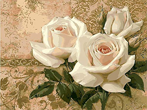 WOWDECOR DIY Malen nach Zahlen für Erwachsene Kinder Mädchen, Weiße Rose Romantisch Schön 40x50cm Vorgedruckt Leinwand-Ölgemälde (ohne Rahmen) von WOWDECOR