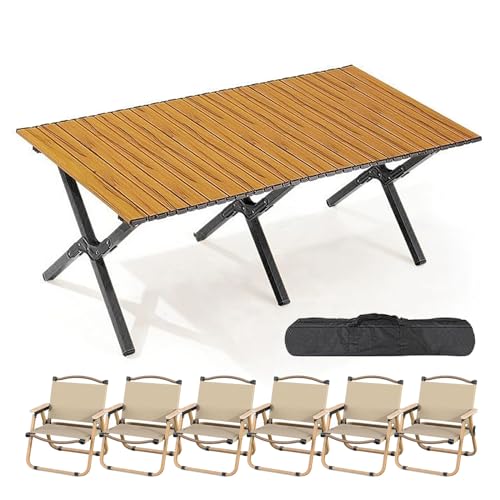WRYsqbhjyb Campingtisch Faltbar, Camping Tisch Stuhl Set mit Tragetasche und 4/6 Stühlen, Grilltisch Klappbar aus Holz für Klapptisch (47,6 X 24 X 22,4 cm) (Color : Cherry Wood, Size : 6 Chairs B) von WRYsqbhjyb