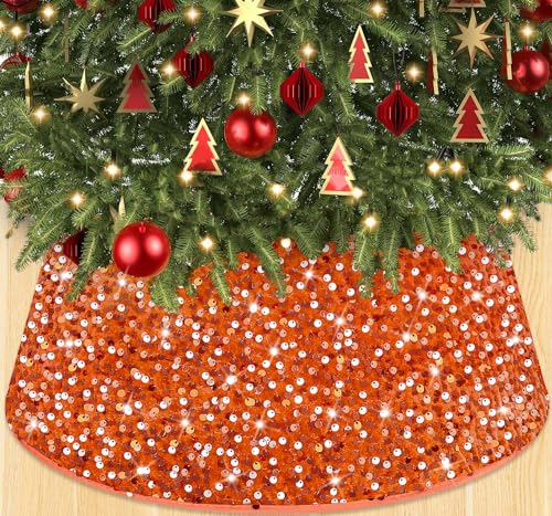 WUPIOS Orange Weihnachtsbaum Kragen Pailletten Weihnachtsbaum Ring 23,6 Zoll Glitzer Weihnachtsbaum Kragen Dicker Filzstoff Bling Baum Rock Luxus Sparkle Baum Basis Korb für Urlaub Party von WUPIOS