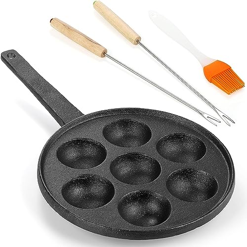 WUWEOT Aebleskiver-Pfanne aus Gusseisen, 5 cm, Poffertjes, dänische Pfannkuchen-Kugel-Grillplatte, 7 Löcher, robuste Antihaftbeschichtung, Ebelskiver-Pfanne, Halbkugel-Takoyaki-Maker mit Drehstäben von WUWEOT