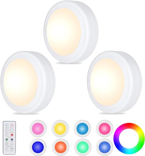 WUYOR LED Schrankbeleuchtung Unterbauleuchte Kabellos, RGB Spots Batterie Dimmbare mit Fernbedienung 16 Farben, Timer, LED vitrinenbeleuchtung mit Batterie, 3 Stück, Weiß von WUYOR