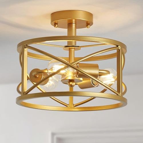 WUZUPS Kronleuchter 3-flammige Vintage Bauernhaus Industrie-Halbbündig-Deckenleuchte moderne Leuchte für Foyer Schlafzimmer Flur Abstellraum Küche Badezimmer, H 30 x B 24, E27 Sockel, Gold von WUZUPS