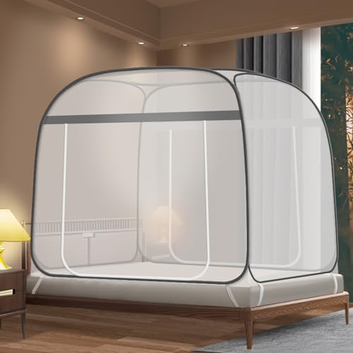 Moskitonetz für Bett, Zelt, Reisen, tragbar, mongolisches Netz, Faltbare Doppeltüren mit Boden für Outdoor-Reisen für Erwachsene, Keine Installation erforderlich, grau, 180 x 195 x 160 cm von WWTSMYXGS