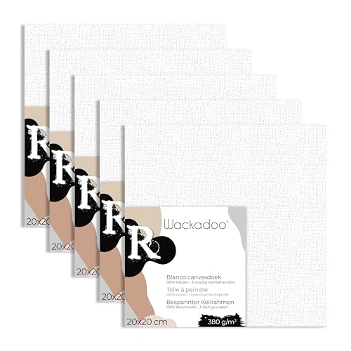 Wackadoo® ART 5er Set Leinwand zum Bemalen 20x20 cm Leinwand aus 100% Baumwolle ist umlaufend gespannt auf FSC® Holz Keilrahmen mit 17mm Stärke, 380g/m², 2-fach weiß grundiert von Wackadoo