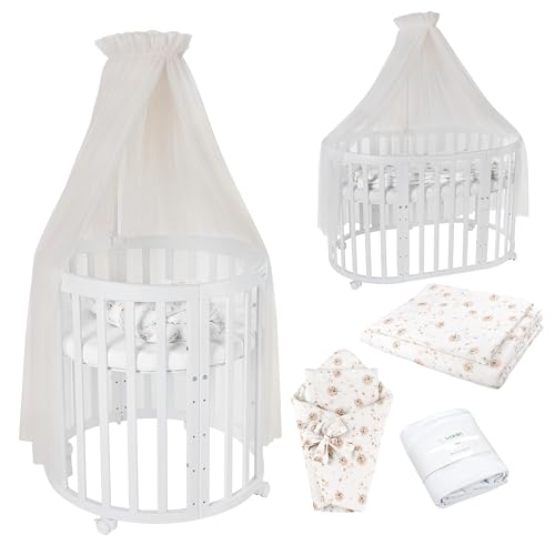 Waldin Oval Baby-Bett Mitwachsend Komplett Set 7in1, Gitterbett, Kinderbett mit Matratze, Wickelkommode, Beistellbett, Holz Weiß, Stoffe Champagner Löwenzahn Waldin Oval Baby-Bett Mitwachsend Komplett Set 7in1, Gitterbett, Kinderbett mit Matratze, Wickelkommode, Beistellbett, Holz Weiß, Stoffe Champagner Löwenzahn von Waldin