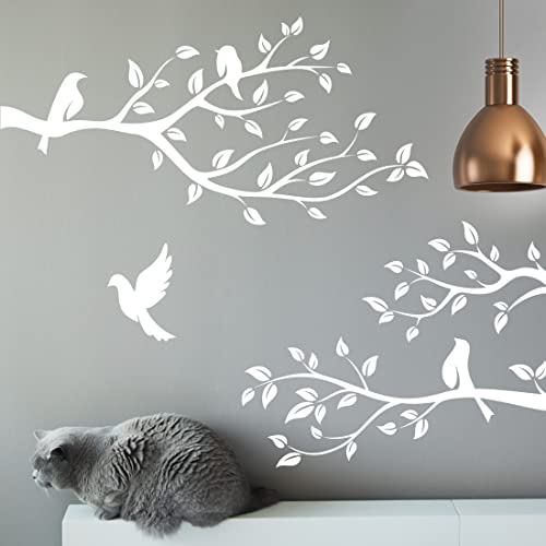 Wandtattoo, Motiv: Vögel auf Ast, Weiß, für Wohnzimmer, Möbel, Dekoration, Tür, Wandbild, Küche, Baum, Blätter von Wall4stickers