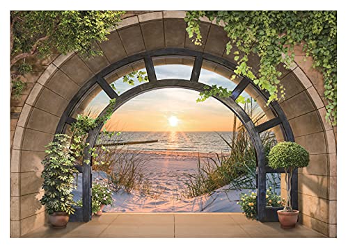 Fototapete 3D EFFEKT Strand Meer Fenster mit Aussicht Natur Ausblick Wohnzimmer Schlafzimmer Vlies Tapete inklusive Kleister Wandtapete UV-Beständig Montagefertig (14084 (368x254 cm) 4 Bahnen) von WallArena