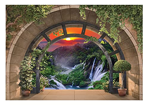 Fototapete 3D EFFEKT Wasserfall Fenster mit Aussicht Natur Ausblick Wohnzimmer Schlafzimmer Vlies Tapete inklusive Kleister Wandtapete UV-Beständig Montagefertig (14083 (520x318 cm) 5 Bahnen) von WallArena