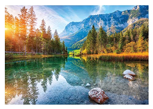 Fototapete Berge Panorama See Landschaft Natur Wald - inkl. Kleister - für Wohnzimmer Schlafzimmer Flur Vlies Tapete Wandtapete Vliestapete Motivtapeten Montagefertig (368x254 cm) von WallArena