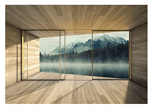 Fototapete Berge See Nebel 3D EFFEKT Fenster mit Aussicht Natur Landschaft Wohnzimmer Schlafzimmer Vlies Tapete inkl. Kleister Wandtapete UV-Beständig Montagefertig (416x254 cm - 4 Bahnen) von WallArena