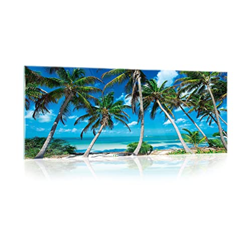 Glasbild Strand Meer Palmen Natur Landschaft 125x50 cm Modern Glasbilder Wohnzimmer Schlafzimmer Badezimmer Bilder auf Glas Bild groß XXL einteilig Querformat Wandbild Wandbilder Aufhängfertig von WallArena