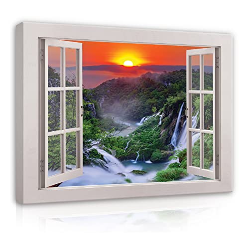 Leinwandbild Fensterbilck Fenster Wasserfall Natur Sonnenuntergang 120x80 cm | Canvas Leinwand Bilder Wandbilder für Schlafzimmer Wohnzimmer Wandbild Kunstdruck Bild auf Leinwand Aufhängefertig Leinwandbild Fensterbilck Fenster Wasserfall Natur Sonnenuntergang 120x80 cm | Canvas Leinwand Bilder Wandbilder für Schlafzimmer Wohnzimmer Wandbild Kunstdruck Bild auf Leinwand Aufhängefertig von WallArena