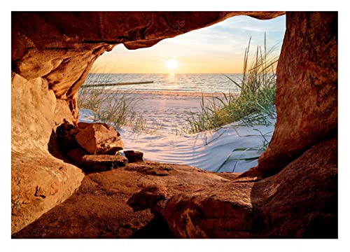 Vlies Fototapete 3D Effekt Strand Meer Ostsee Höhle Natur inkl. Kleister Wohnzimmer Schlafzimmer Modern Motivtapeten Wandtapete Tapete Vliestapete UV-Beständig Montagefertig (368x254 cm - 4 Bahnen) von WallArena