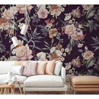 Dunkle Florale Tapete - Abnehmbar Art Deco Tapete- Peel & Stick Selbstklebend Wohnzimmer, Schlafzimmer von WallArtLA