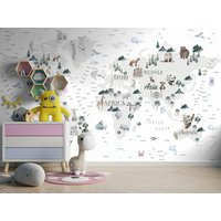 Wallpaper Weltkarte Für Kinder | Schälen Und Aufkleben Abnehmbar Tiere Mit Ländern Kinderzimmer Tapete Wanddeko von WallArtLA