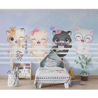 Niedliche Kätzchen Tapete | Kinderzimmer Schälen Und Aufkleben Wand Dekor Kid Coole Wandbild Aquarell von WallArtLA