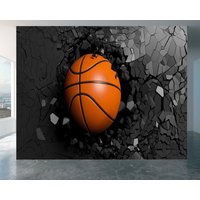 Basketball Auf Dunklem, Rissigem Wandgemälde, Tapete Zum Abziehen Und Aufkleben, Selbstklebendes Dekor, Strukturierter Großer Wandkunstdruck von WallArtsOnline