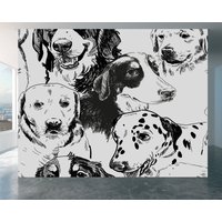 Schwarzweiß-Hunde Wandbild Tapete Wandkunst Schälen Und Stickselbstklebendes Dekor Strukturierter Großer Wandkunst-Druck von WallArtsOnline