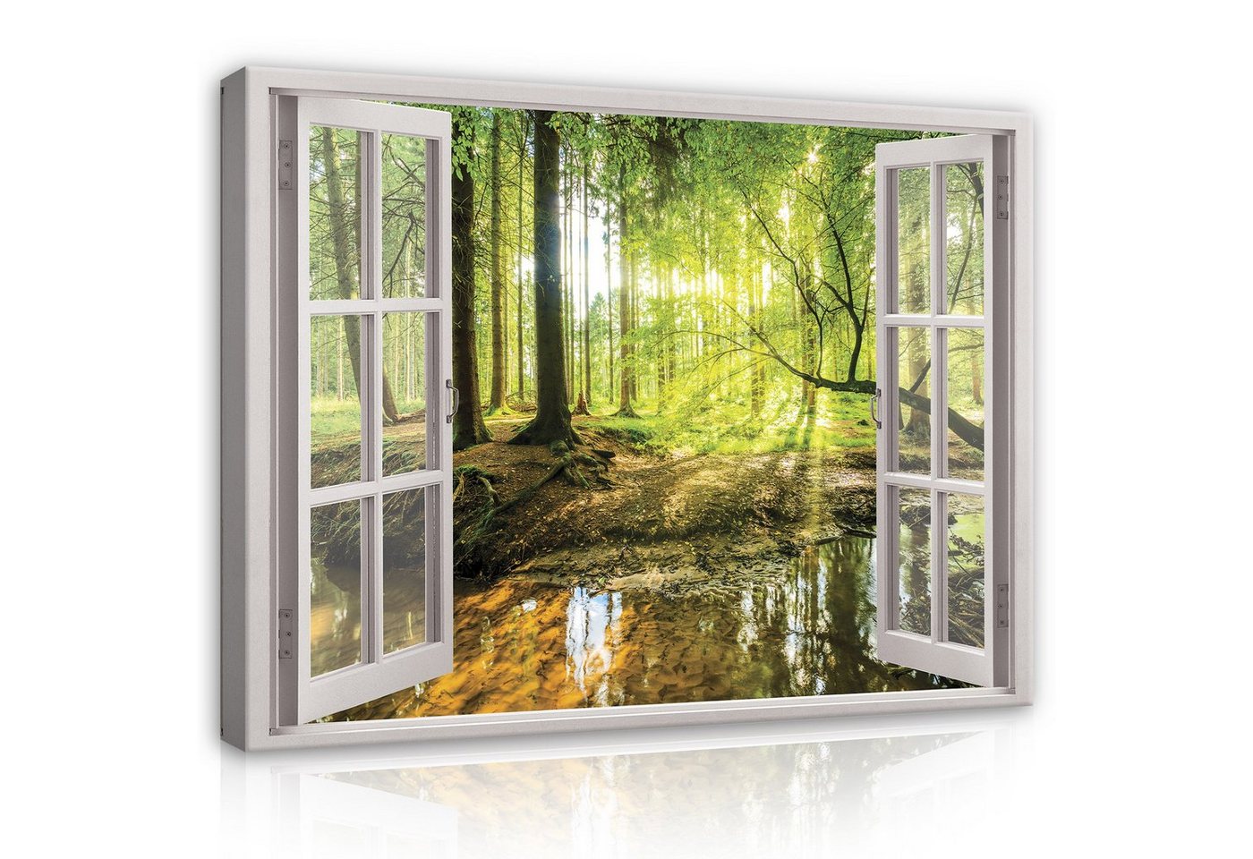 Wallarena Leinwandbild Fensterblick Wald Fenster Wandbild XXL Modern Wohnzimmer Schlafzimmer, (Einteilig), Aufhängefertig von Wallarena