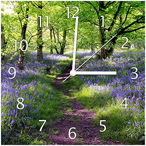 Wallario Design-Wanduhr Blaues Hasenglöckchen im Wald aus Glas, Motiv-Uhr Größe 30 x 30 cm, weiße Zeiger Wallario Design-Wanduhr Blaues Hasenglöckchen im Wald aus Glas, Motiv-Uhr Größe 30 x 30 cm, weiße Zeiger von Wallario