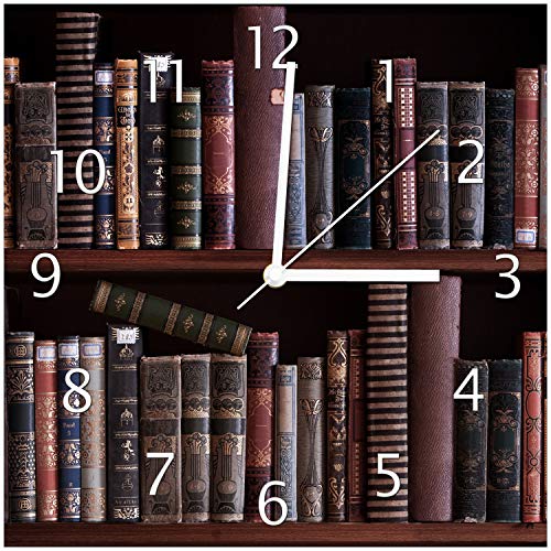 Wallario Design-Wanduhr Bücherregal mit Alten Büchern aus Glas, Motiv-Uhr Größe 30 x 30 cm, weiße Zeiger von Wallario