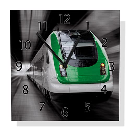 Wallario Design Wanduhr Fahrender Zug von vorn in grün - Perspektive von vorn aus Aluverbund, Alu-Uhr Größe 30 x 30 cm, Schwarze Zeiger mit Metalloptik von Wallario