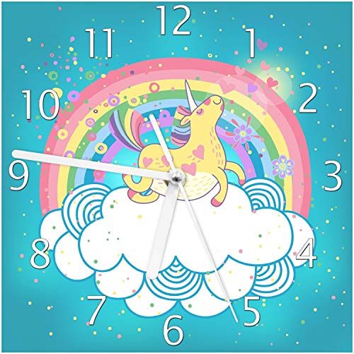 Wallario Design-Wanduhr Lustiges Einhorn auf Einer Wolke vor Regenbogen aus Glas, Motiv-Uhr Größe 20 x 20 cm, weiße Zeiger Wallario Design-Wanduhr Lustiges Einhorn auf Einer Wolke vor Regenbogen aus Glas, Motiv-Uhr Größe 20 x 20 cm, weiße Zeiger von Wallario