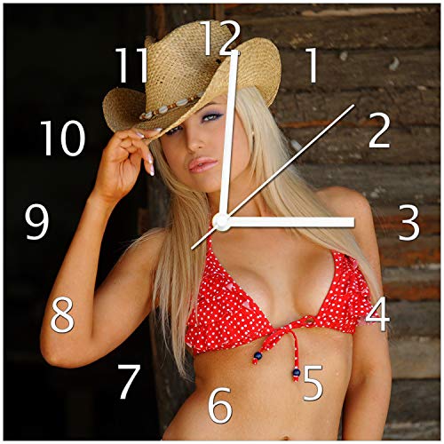 Wallario Design-Wanduhr Westerngirl aus Glas, Motiv-Uhr Größe 30 x 30 cm, weiße Zeiger Wallario Design-Wanduhr Westerngirl aus Glas, Motiv-Uhr Größe 30 x 30 cm, weiße Zeiger von Wallario