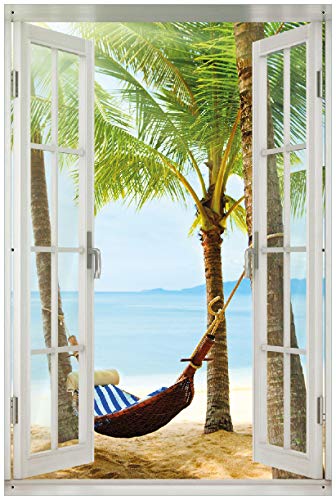Wallario Outdoor-Poster für Garten oder Balkon Hängematte in der Karibik, Motivbanner Größe: ca. 60 x 90 cm mit Fenster-Illusion von Wallario