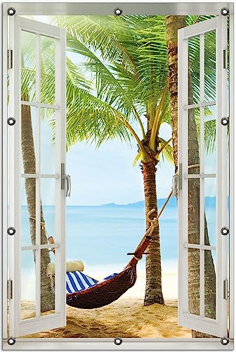 Wallario Outdoor-Poster für Garten oder Balkon Hängematte in der Karibik, Motivbanner Größe: ca. 80 x 120 cm Fenster-Illusion von Wallario