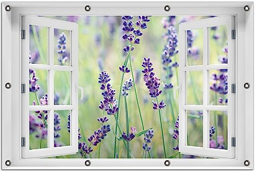 Wallario Outdoor-Poster für Garten oder Balkon Lila Blumenfreude - Violette Pflanzen auf der Wiese, Motivbanner Größe: ca. 80 x 120 cm Fenster-Illusion von Wallario