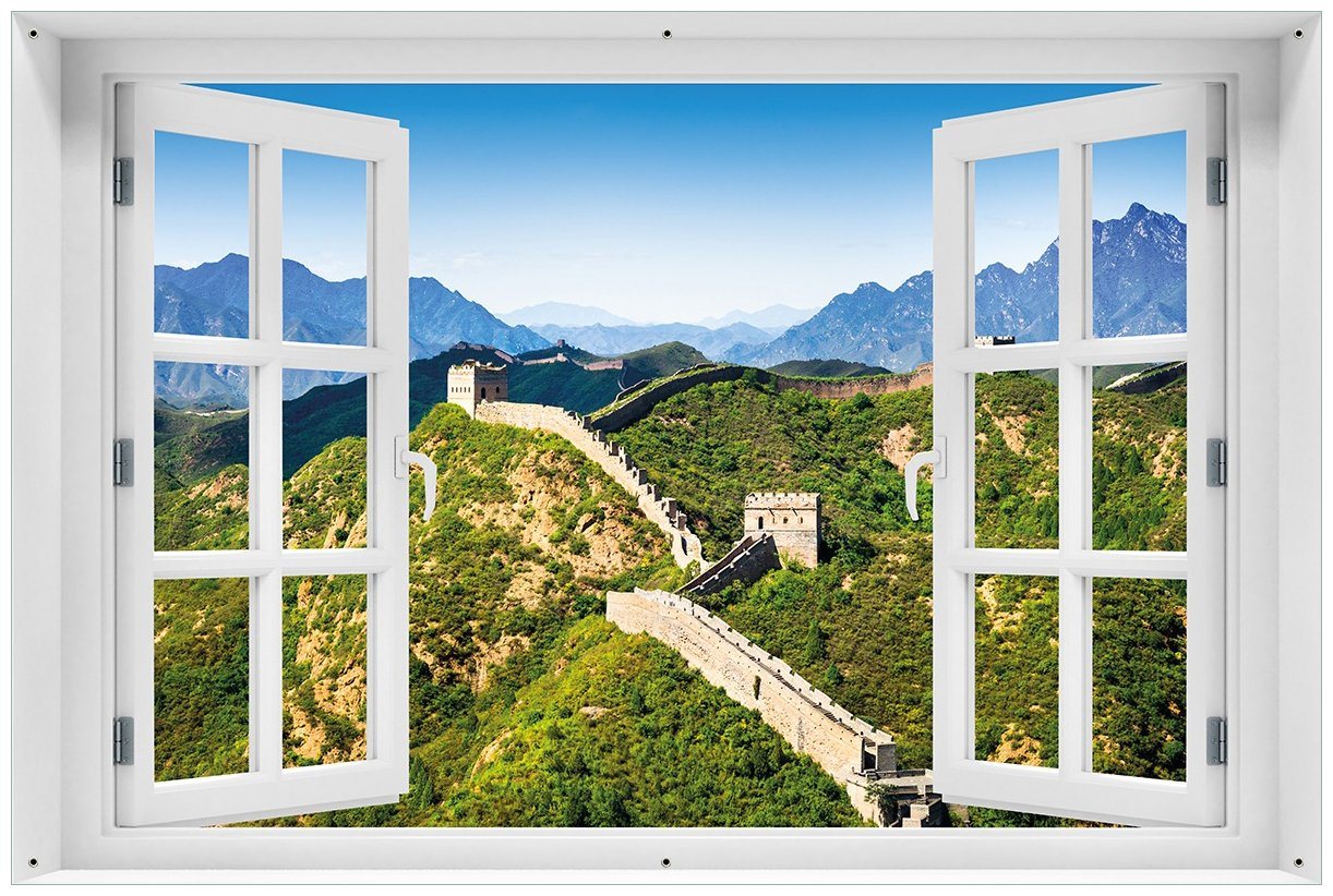 Wallario Sichtschutzzaunmatten Die Chinesische Mauer - Wahrzeichen in China im Sommer, mit Fenster-Illusion von Wallario