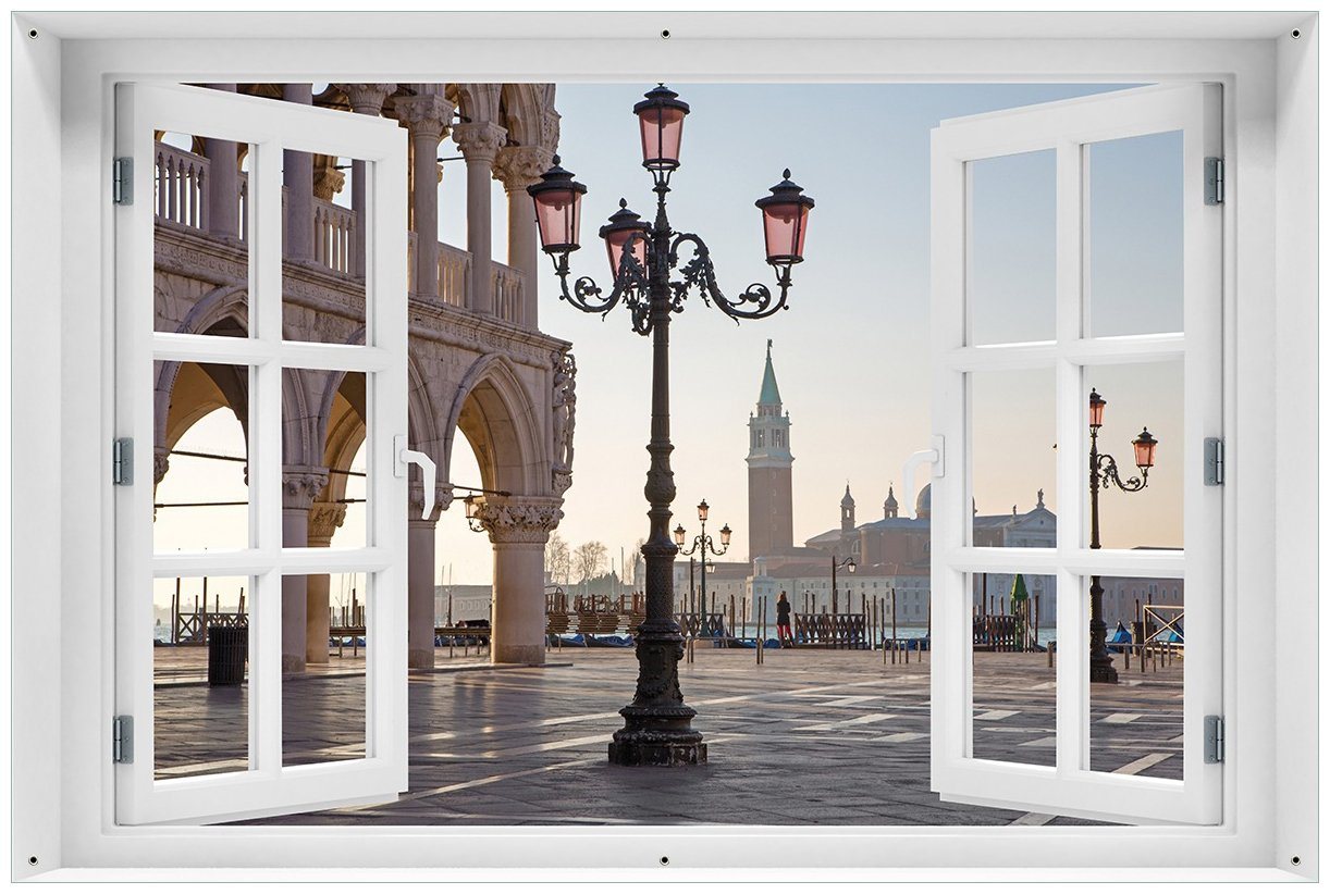 Wallario Sichtschutzzaunmatten Venedig - Dogenpalast, Markusplatz und San Giorgio Maggiore II, mit Fenster-Illusion von Wallario