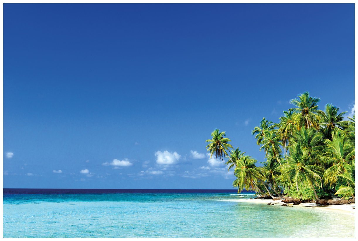 Wallario Vliestapete Blauer Himmel weißer Strand Palmen und das tiefblaue Meer, seidenmatte Oberfläche von Wallario