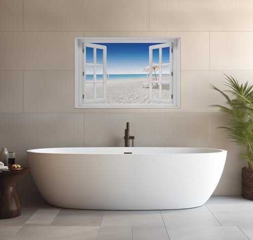 Wallario wasserfestes Poster selbstklebend 61 x 91,5 cm mit Fenster-Illusion, Sonnenliege am weißen Strand unter blauem Himmel, Badezimmerposter Spritzschutz mit Hochglanzoberfläche in Glasoptik von Wallario