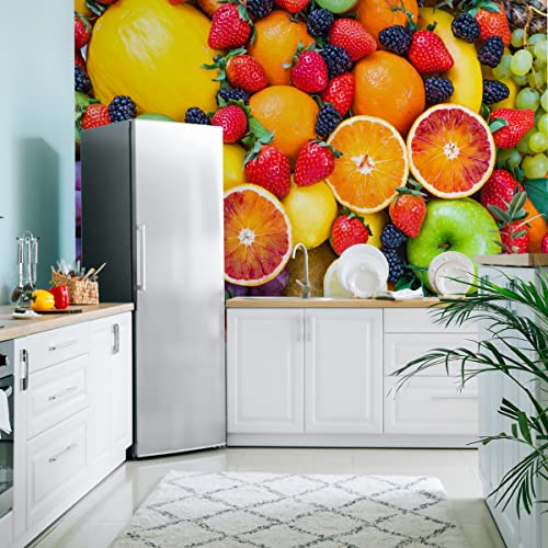 Wallepic Selbstklebende Fototapete Natur Obst Zitronen Orangen Bananen 360 x 240 Moderne Tapete XXL Exotisch Äpfel Erdbeeren Küche Esszimmer Restaurant Wandtapete Br. 360 cm x Hö. 240 cm von Wallepic