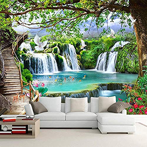 Benutzerdefinierte Beliebige Größe Grüner Wald Wasserfall Natur Landschaft 3D Wandbild Tapete Wohnzimmer Schlafzimm Wanddekoration fototapete 3d Tapete effekt Vlies wandbild Schlafzimmer-300cm×210cm von Wallpaper-3D-XLM