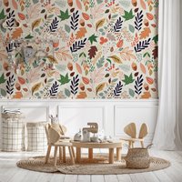 Niedliche Tapete Mit Herbstblättern, Abnehmbare Tapete, Schälen Und Aufkleben, Wanddekor, Niedliche Für Kinderzimmer, Lustige Blumenmotiven - 181 von WallvyHome