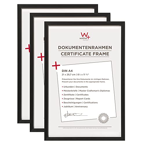 walther design Bilderrahmen schwarz 21 x 29,7 cm (DIN A4) Aluminium Dokumentenrahmen 3er Pack, Chair Alurahmen AJ130B3 von walther design