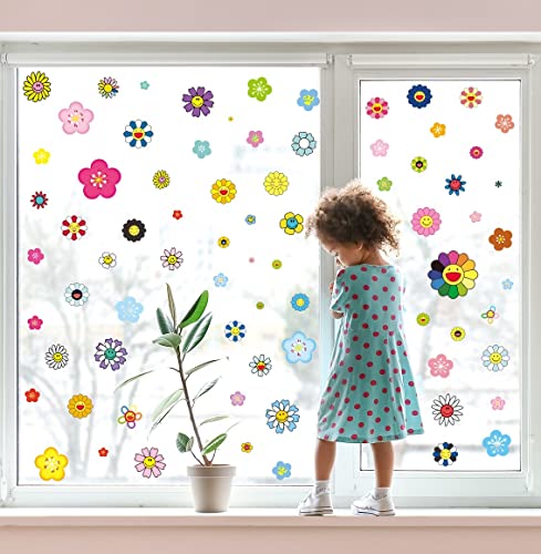 WandSticker4U®- [77 tlg. Set] wiederverwendbar Fensterbilder Mädchen BLUMEN selbstklebend I Fenster Aufkleber Fenstersticker Frühling Kinder-zimmer Sonnenblumen lächeln bunt GROß von WandSticker4U