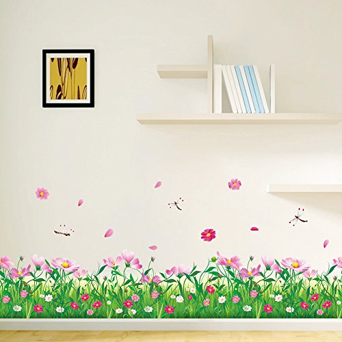 WandSticker4U®- Wandtattoo BLUMENWIESE mit Libellen I Breite: 2.3 M I Wandsticker grüne Wiese Gras Blumen Pflanzen Bordüre Frühling I Wand Aufkleber Wohnzimmer Kinderzimmer Flur Groß von WandSticker4U