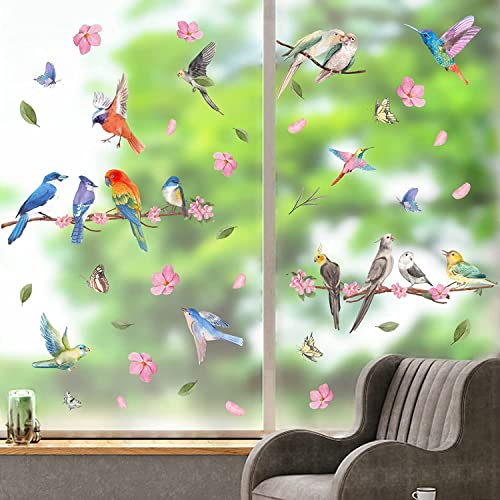 WandSticker4U®- wiederverwendbar Fensterbilder selbstklebend VOGEL-TREFFEN rosa I Fenster Aufkleber Fenstersticker Frühling Vögel Blume Baum-Ast Zweige Blätter Wohn- & Schlafzimmer GROß von WandSticker4U