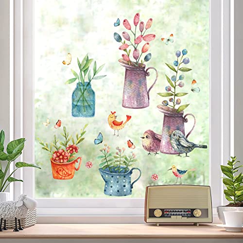 WandSticker4U®- wiederverwendbar Fensterbilder Frühling BLUMEN VASEN vintage selbstklebend I Fenster Aufkleber Fenstersticker Pflanzen Vögel Wohnzimmer Küche Bad Kinderzimmer Deko GROß von WandSticker4U