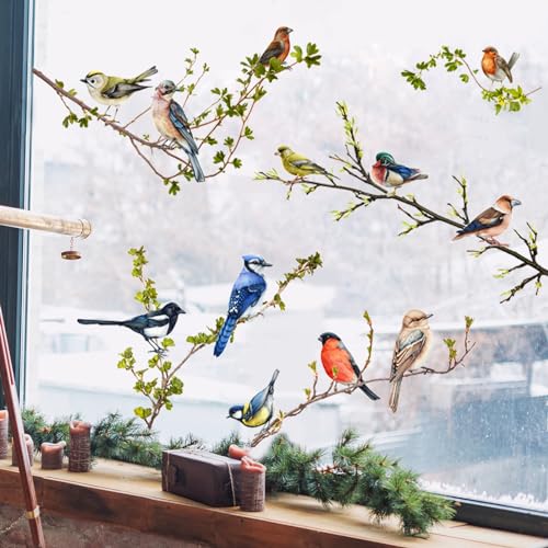 WandSticker4U® - wiederverwendbare Fensterbilder selbstklebend VÖGEL AUF ÄSTEN I Grün Rot Blau I Fenster Aufkleber Fenstersticker Frühling Sommer Schlafzimmer Wohnzimmer Kinder-zimmer Deko von WandSticker4U