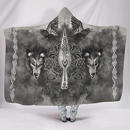 Wandlovers Weich Mit Kapuze Decken Wikinger Krieger Gungnir Speer von Odin Rabe Zwei Wolf Druck Sherpa Fleece Winter Kapuzenwurf Studieren 150x200cm von Wandlovers