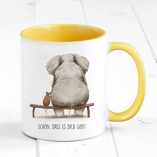 Bedruckte Tasse Schön, dass es dich gibt mit Maus und Elefant, Geschenk Geburtstag Kaffeetasse Kaffeebecher Liebe Freundschaft, gelb von Wandtattoo Loft