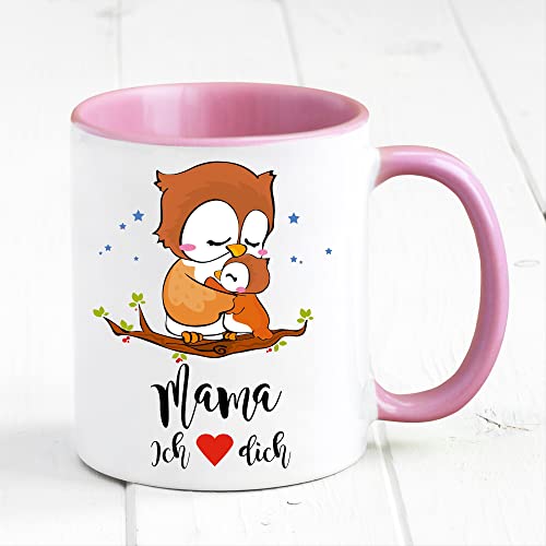 Tasse bedruckt Eule Mama ich liebe Dich, Geschenk Kaffeetasse Kaffeebecher, Geschenk Muttertag, rosa von Wandtattoo Loft