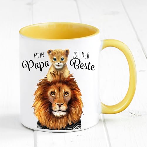 Tasse bedruckt mit Löwe Mein Papa ist der Beste, Geschenk zum Geburtstag Kaffeetasse Kaffeebecher, Vatertagsgeschenk, gelb von Wandtattoo Loft